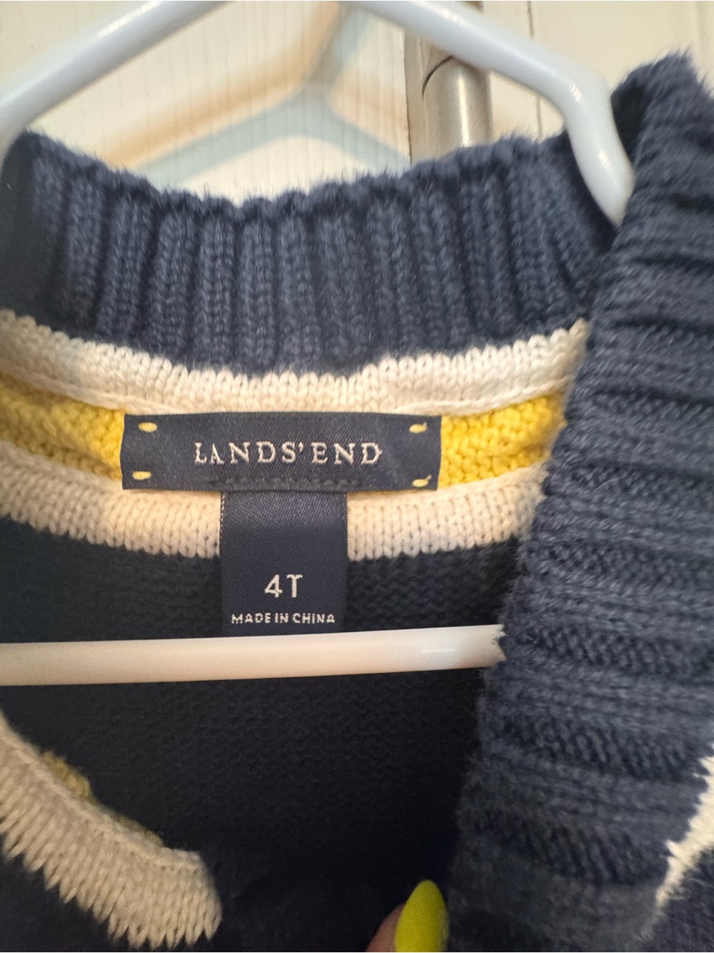 Lands' End Navy Sweater Vest with White and Yellow V‑Neck Trim - Picture 4 of 4